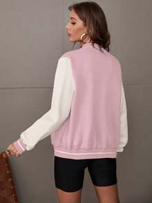 SHEIN Unity Women's Letter Embroidered Contrast Color Long Sleeve Single-Breasted Casual Baseball Jacket - Baby Pink - View 2