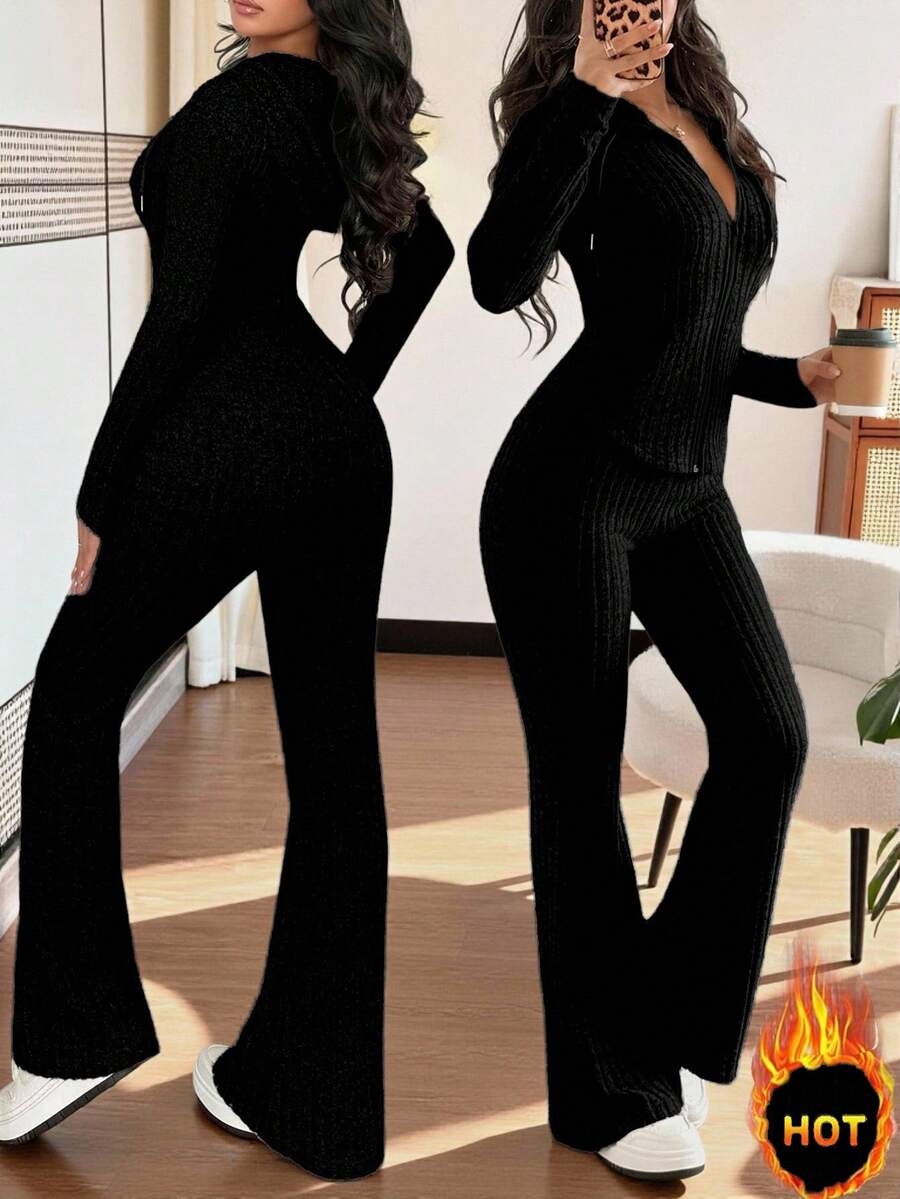 Rafferiza 2pcs Women Casual Hooded Sweatshirt With Pockets & Ribbed Flare Pants Set, Versatile For Daily Wear, Autumn/Winter - Black - View 1