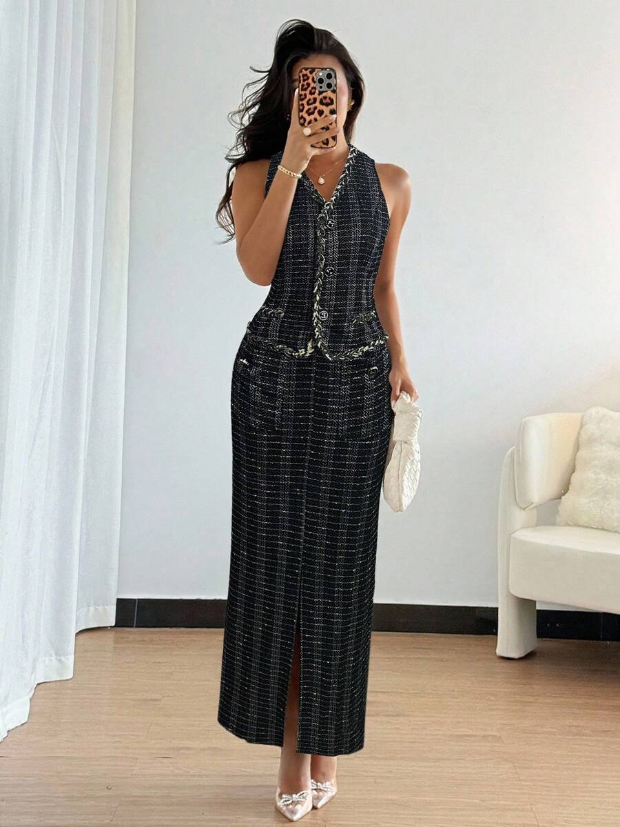 Chiquease Women's Elegant Plaid Single-Breasted Vest And Mini Skirt Set, Autumn