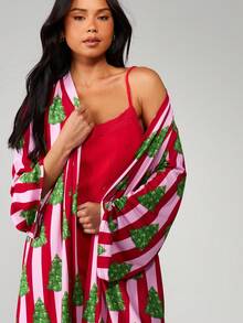 MISSGUIDED Festive Christmas Tree Striped Robe With Long Sleeves Holiday Lounge Dressing Gown - Multicolor - View 5