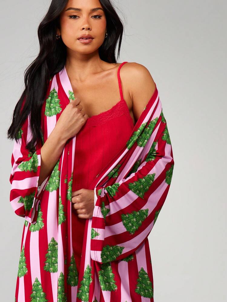 MISSGUIDED Festive Christmas Tree Striped Robe With Long Sleeves Holiday Lounge Dressing Gown