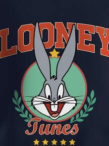 LOONEY TUNES X SHEIN 青少年男孩休闲拼色字母和兔子印花圆领运动衫，秋季 - 白色 - 查看 3