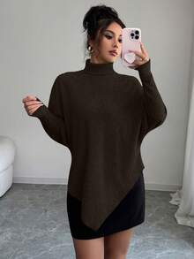 Elenzga Elegant Design Asymmetrical Knit-Look Fuzzy Ribbed Turtleneck Versatile Women's T-Shirt - Brown - View 4