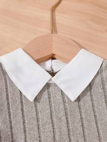 SHEIN Bộ áo sơ mi cổ bẻ tay dài và quần dài màu hồng phối gân cho bé gái - Màu be - Xem 5