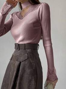 DAZY Women's Contrast Lace Hollow Out Fitted Long Sleeve Sweater, White, Spring/Autumn - Dusty Purple - View 2