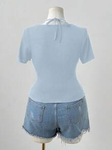 Sweetra Camiseta ajustada de unicolor con parches de encaje sexy - Celeste - Ver 2