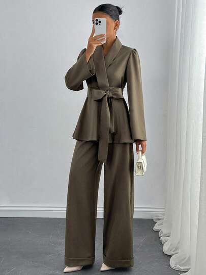 EURMUSE Tailored Blazer, Puff Shoulder, Belted Waist, Wide-Leg Pants, Soft Wool-Blend, Elegant Workwear, Smart Casual, Feminine Silhouette, Timeless Neutral, Comfortable Fit, Modern Chic