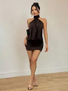 SHEIN PETITE High Neck Halter Backless Mini Dress,Party Dresses For Women - Brown - View 5