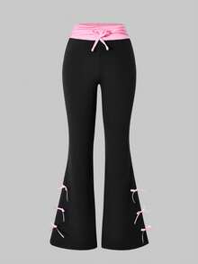 Sparklyn Girls' Side Stripe Flare Casual Pants, Contrast Ribbon & Bow Decor, Suitable For Back To School And Daily Wear