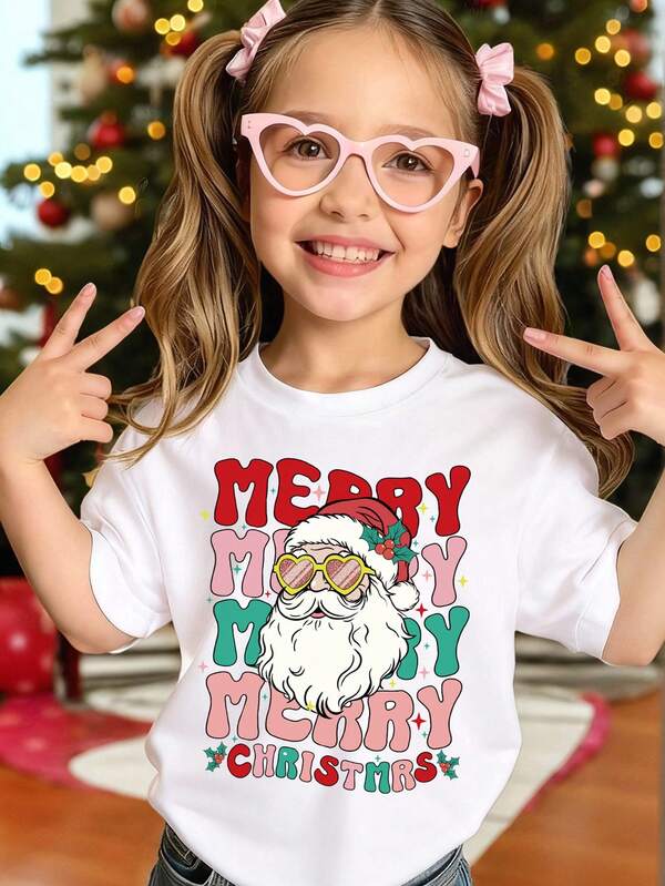 Sparklyn Christmas Santa Claus Letter Print Design T-Shirt For Young Girl, Christmas Element, Fashionable And Comfortable Round Neck Casual White T-Shirt