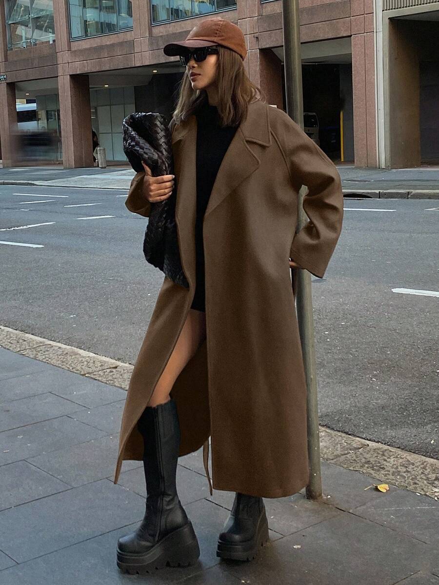 DAZY 女士纯色翻领长袖宽松休闲外套，秋冬款 - 咖啡棕 - 查看 1