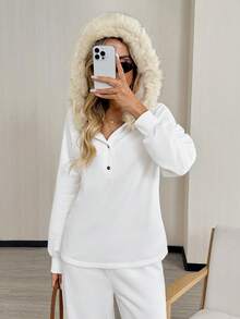 Easowa Women's White Long Sleeve Faux Fur Trim Hooded Sweatshirt,Autumn Casual Everyday Button Up Blouse Top For Fall Winter Chic Cozy Soft Detailing - White - View 2