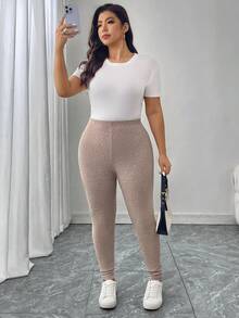 SHEIN LUNE Plus Size Solid Color High Waist Slim Fit Casual Ribbed Leggings Elegant Graduation Christmas New Year Winte/Winter - Apricot - View 3
