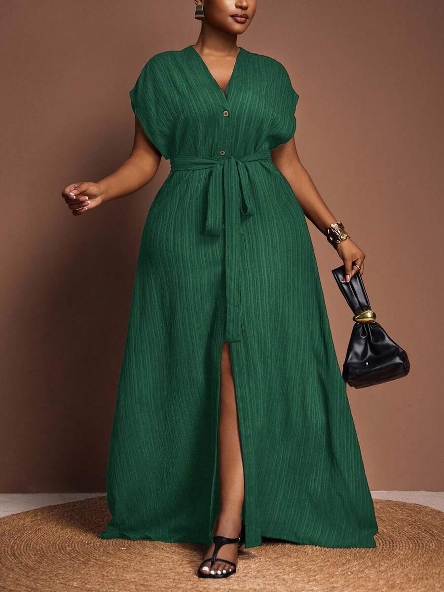 Veslaya 秋冬新品 绿色/百搭休闲简约风沙滩优雅大码荷叶边系带短袖连衣裙 绿色长款连衣裙 女士绿色度假连衣裙，夏季连衣裙