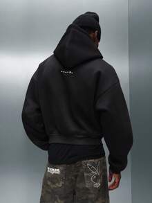 PLAYBOY X SUMWON Men Crop Fit Full Zip Hoodie With Drawstring Hood Centre Pocket Winter Streetwear - Black - View 2