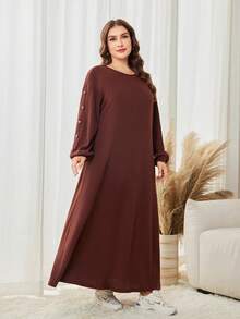 Lacomfia Knitted Ribbed Fleece Brown/Camel Casual Everyday Loose Fit Long Sleeve Dress, Relaxed Style For Plus Size Women - Brown - View 4