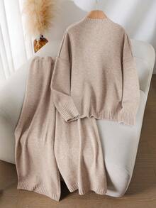 CosyJoli Plus Size Solid Color Long Sleeve Top And Skirt 2-Piece Sweater Set/Winter - Khaki - View 2
