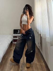 StreetHx 时尚休闲复古街头风贴袋做旧中腰筒形牛仔裤 - 中等水洗藍 - 查看 4