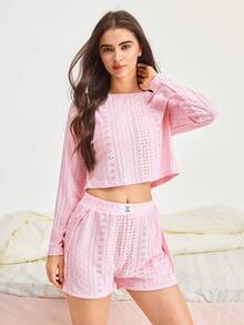 Bonmuse 2 pezzi Set pigiama da donna comodo con collo rotondo semi-traforato e maniche lunghe + pantaloncini con spacco laterale, abbigliamento autunnale per l'estate - Rosa - Visualizzare 1