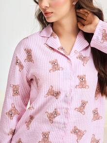 Bonmuse 2件套女士宽松开衫纽扣小熊印花长袖+松紧腰裤睡衣套装，可爱家居服，舒适套装，秋季服装 - 粉色 - 查看 7