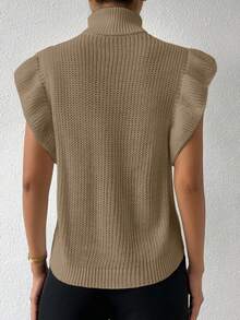 RosyDaze Rompi Sweater Wanita Warna Polos Minimalis untuk Pemakaian Sehari-hari, Lengan Pendek, Kerah Tinggi - Khaki - View 2