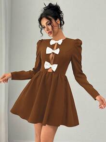 Rafferiza 时尚优雅百搭约会派对蝴蝶结撞色镂空羊腿袖收腰褶裥连衣裙，黑色，女士，秋冬款