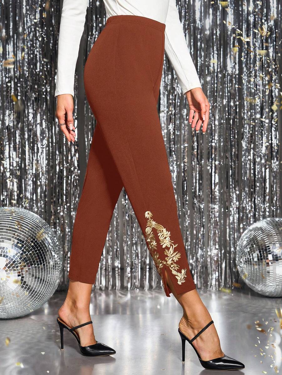 Women's Elegant Embroidered Ankle Slim Fit Pants, Suitable For Commuting - Burnt Orange - View 1