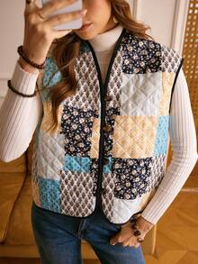 EMERY ROSE Áo vest chần bông in họa tiết chắp vá phong cách miền Tây thường ngày dành cho nữ LanaWest - Màu xanh hải quân - Xem 5