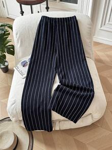 GlowEve CURVE Plus Size Women Casual Striped Loose Commuter Pants, Versatile For Daily Wear - Navy Blue - View 5