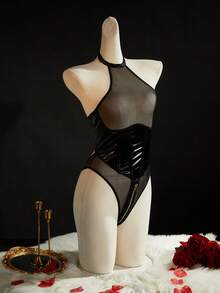 SpicyHot Body de mujer con parches de malla transparente y espalda descubierta - Negro - Ver 5