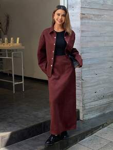 DAZY Women's Casual Collared Top And Skirt 2 Pieces Set, Autumn/Winter - Red - View 3