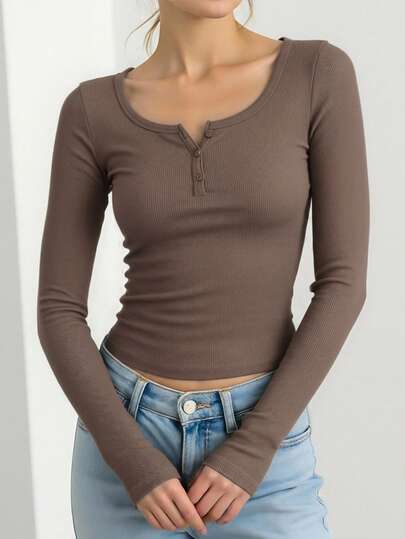 SHEIN Teen Girl Black Solid Color Half-Zip Casual Knit Long Sleeve T-Shirt