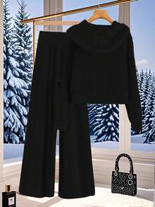 Franclia 两件套女士休闲磨毛连帽开衫和阔腿裤，适合居家、运动、秋季穿着 - 黑色 - 查看 2