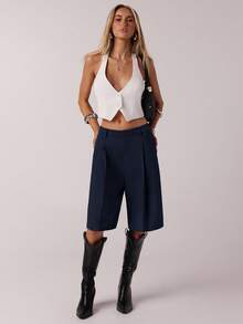 SHEIN Forever 21 Stylish Navy Blue Woven Fabric Straight Leg Bermuda Shorts For Women With Zipper - Navy Blue - View 7