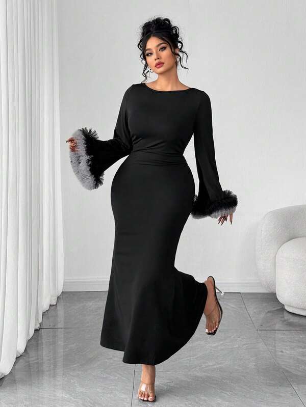 Elenzga Plus Size Women's Fashion Round Neck Long Sleeve Mesh Patchwork Contrast Cuff Waist Ruched Fishtail Dress