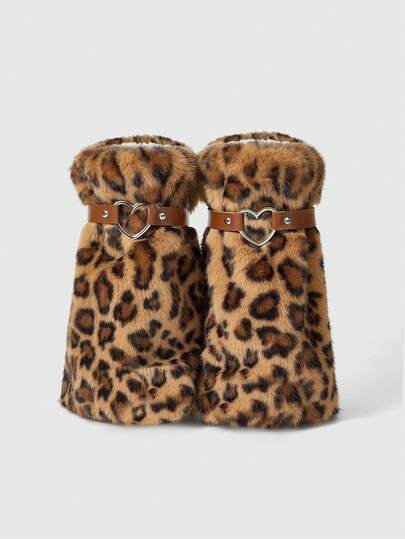 Goth 1 Pair Brown Y2K Retro Furry Leopard Print Textured Animal Pattern With Heart Buckle Splice Design Short Leg Warmers, Fashionable Minimalist Wild Style Leg Warmers, Suitable For Commuting, School, Shopping, Party, Halloween, Christmas And Other Occasions