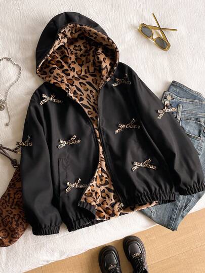 女童优雅休闲舒适黑色修身下摆蝴蝶结装饰活泼休闲加厚抓绒连帽拉链外套，时尚户外防风款式