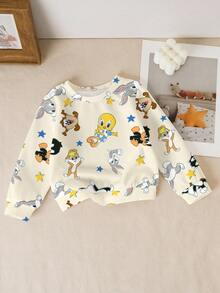 LOONEY TUNES X SHEIN Baby Girl Casual Cute Cartoon Pattern Crew Neck Sweatshirt, Autumn - White - View 1