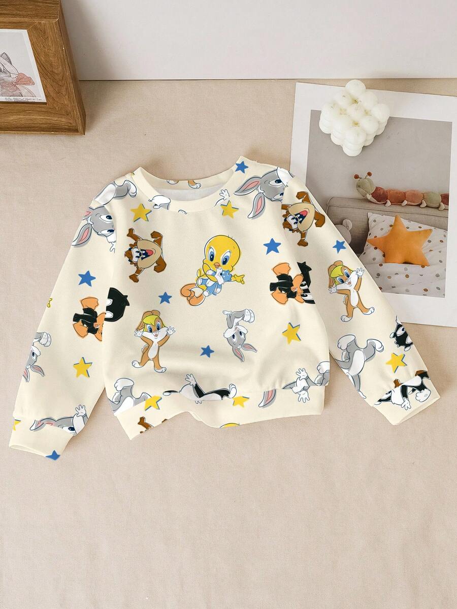 LOONEY TUNES X SHEIN Baby Girl Casual Cute Cartoon Pattern Crew Neck Sweatshirt, Autumn - White - View 1