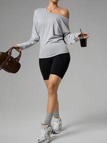 Dewbera Dewbera Women's Grey U-Neck Long Sleeve Fitted Casual Sports Yoga T-Shirt,Autumn Athleisure Pilates Upf Shirt,Daily Wear Work Tops Gym Blouse - Grey - View 5