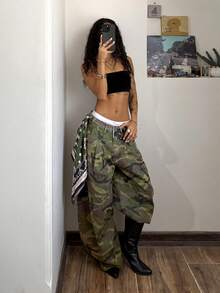 StreetHx Fashionable Casual Street Style Pleated Camouflage Low Waist Super Wide Leg Jeans - Army Green - View 3