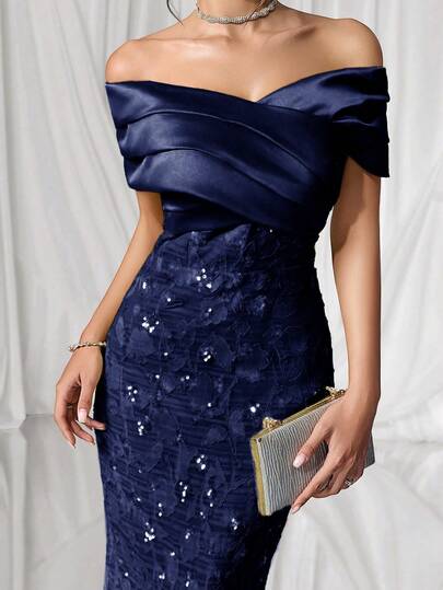 Coutiva Elegant Drop Shoulder Backless Fruit Green Satin Stitching Jacquard Sequin Hem Straight Skirt Back Slit Party Dress, Suitable For Birthday Parties, Daily Gatherings, Prom Dresses, Cocktail Parties, Graduation Ceremonies, School Opening Parties, Etc.