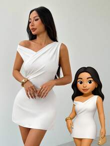 SHEIN PETITE Vestido mini asimétrico drapeado blanco de línea A, elegante, minimalista, de moda, sexy, para uso diario, festivales de música y vacaciones, talla pequeña