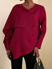 SHEIN Veneréa 1件女士纹理面料披肩领二合一优雅衬衫 - 酒紅色 - 查看 6