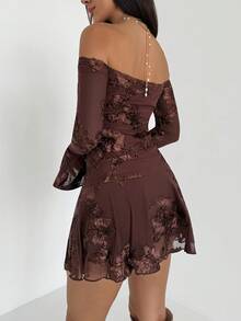 Aloruh Vestido Curto Minimalista de Uso Diário com Ombros à Mostra e Bordado Floral para Mulheres - Café - Visão 2