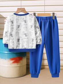 Popeye X SHEIN 2pcs/Set Young Boy Casual All-Over Print Crew Neck Long Sleeve Sweatshirt And Pants Knit Set - Blue and White - View 2