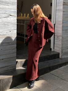 DAZY Women's Casual Collared Top And Skirt 2 Pieces Set, Autumn/Winter - Red - View 4