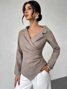 Firerie Women's Elegant New Minimalist Fashion Commuter Waist Pleated Slimming Asymmetric Hem Asymmetric Collar Long Sleeve Pullover Khaki Shirt - Khaki - View 8