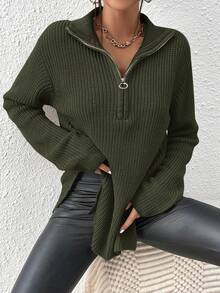 SHEIN Frenchy Half Zip Drop Shoulder Grain Sweater In Fall/Winter Casual Green Christmas,Sweaters For Women - Dark Green - View 4