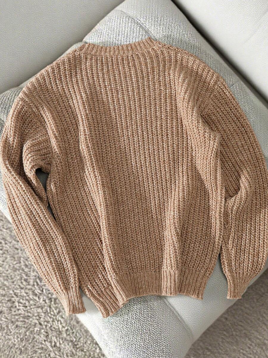 Manfinity Hypemode Sweater Pria Kasual Longgar Warna Polos Kerah Bulat Lengan Panjang - Coklat - View 1